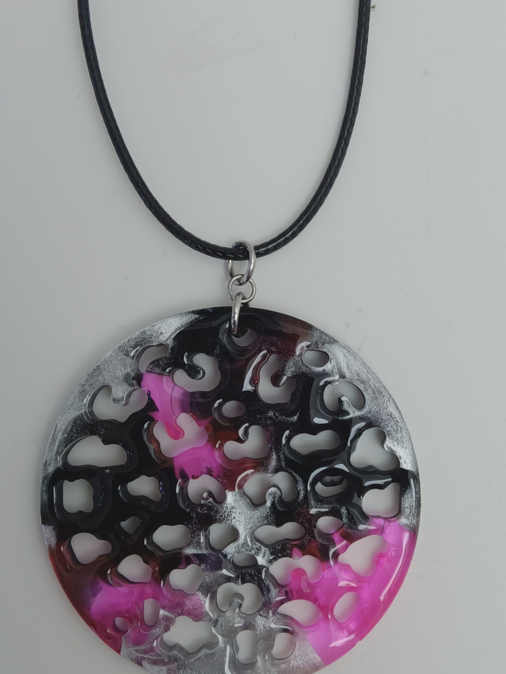 Round Pink and Black Cutout Pendant Necklace